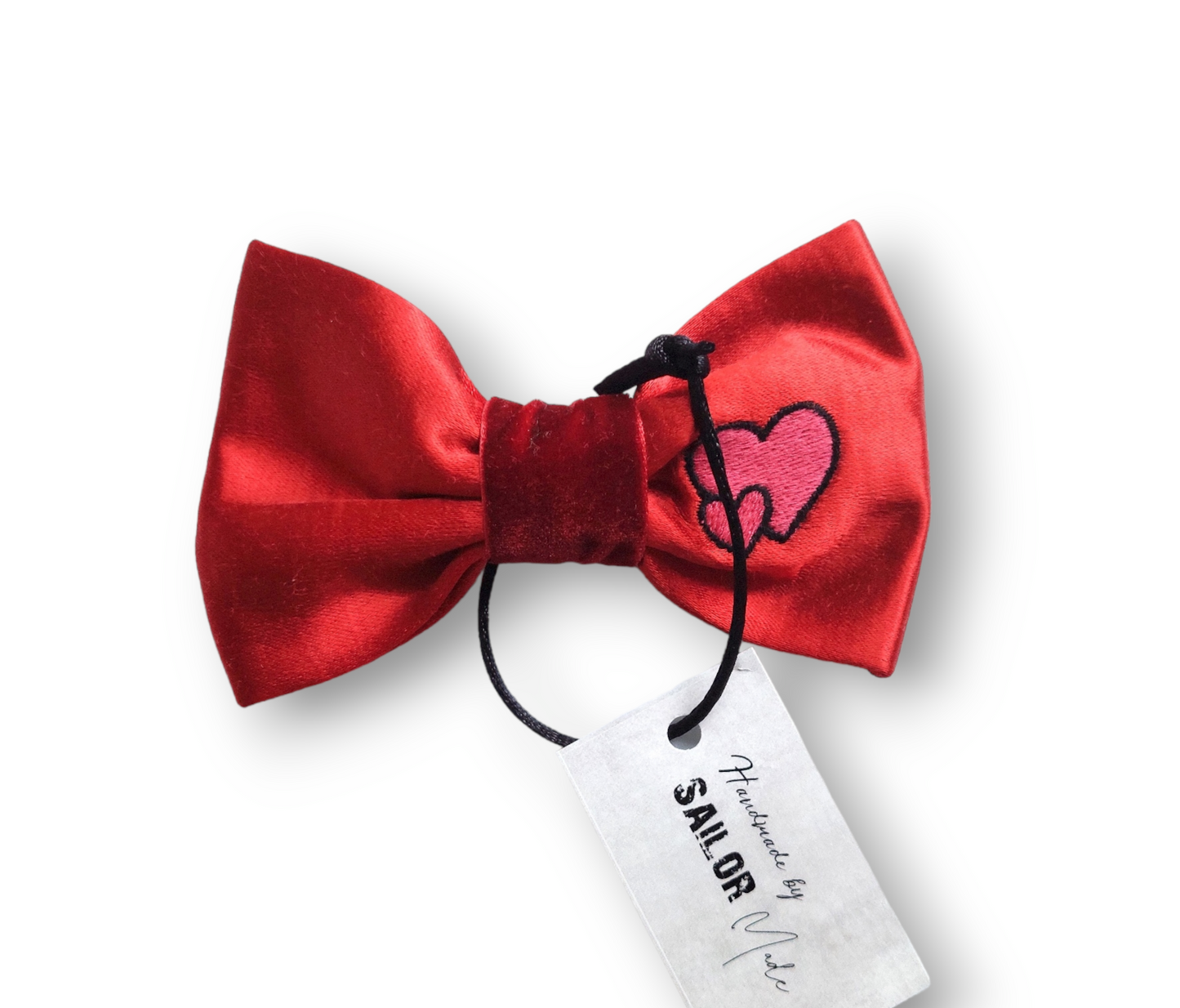 Embroidered Hearts Red Silk Hair Bow